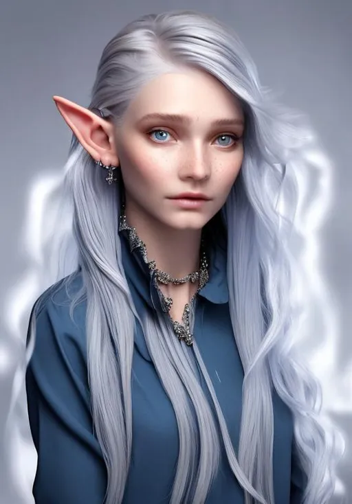 Prompt: elf, silver hair and blue silvery skin, beautiful with piercings, photo realistic