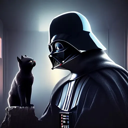 Prompt: Darth Vader com um gato preto, fotorrealista,  arte de design conceitual, renderização Octane, 8K, obra-prima, foco nítido
