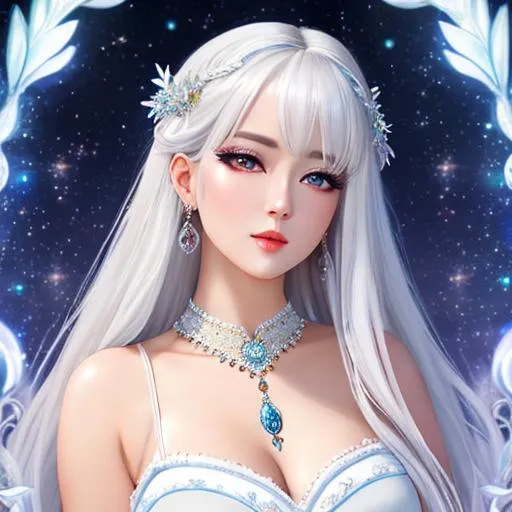 Prompt: oil painting, , UHD, 8K, Very Detailed, detailed face, full body character visible, jung goddess character with ethereal fantastical light skin & white hair, she has visible eyes, sleeveless short white dress, white thighhighs with corean lips and
 eyes

