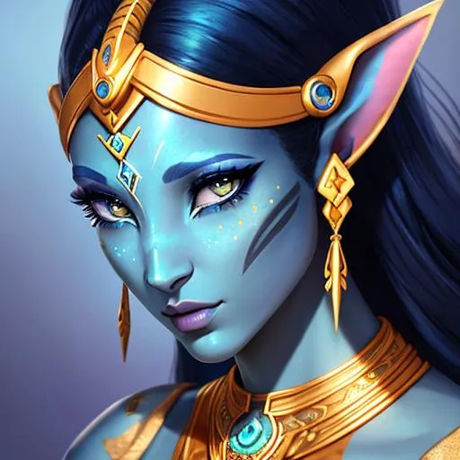 Prompt: Avatar Neytiri face. Avatar nose. beautiful woman. Gold jewellery. Night. {{Digital art}} {{Wlop Style}} {{Fantacy}}