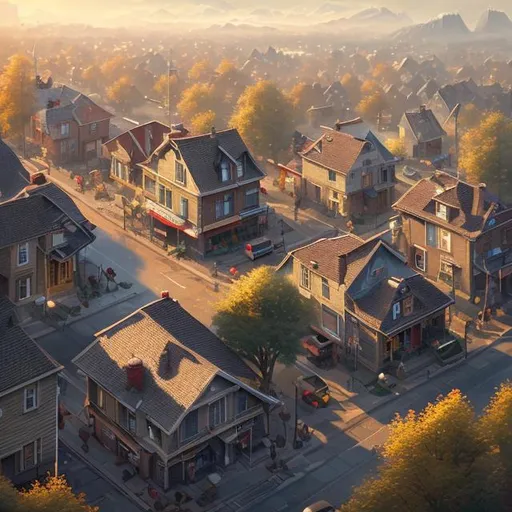 Prompt: beautiful digital painting of an isometric  view of a cozy small suburban town by greg rutkowski, trending on artstation