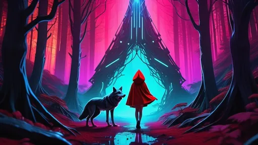 Prompt: Little Red Riding Hood navigating a neon-lit futuristic forest, with holographic trees and robotic wolves