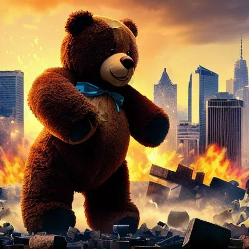 Prompt: A giant angry Teddy bear destroying a city