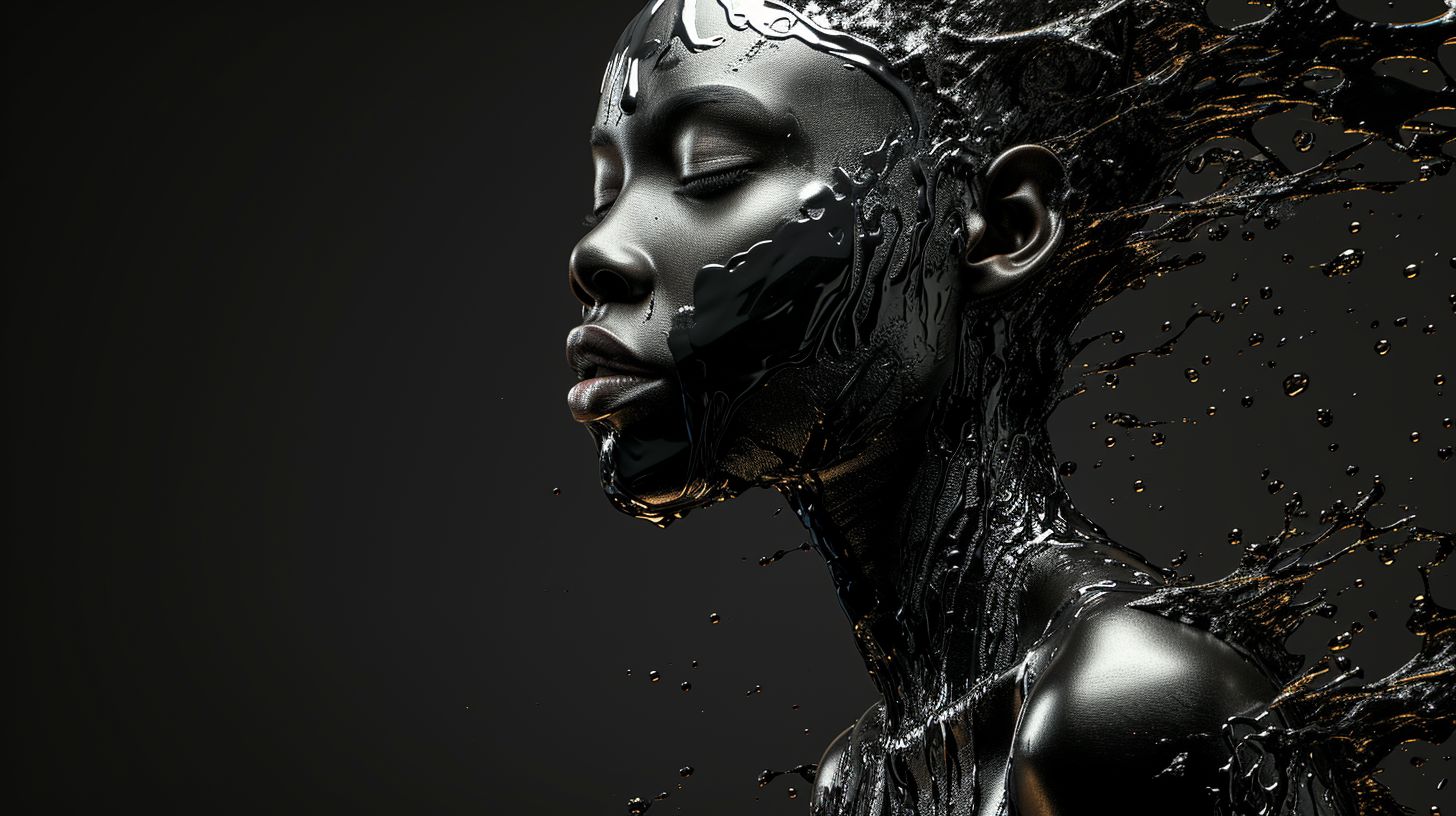 Prompt: Photorealistic image of a woman emerging from a black colored background, influenced by robotic motifs and African art, composed of liquid metal, showcasing human connections and intricate costumes, expressing a sculptural emotion in wide ratio