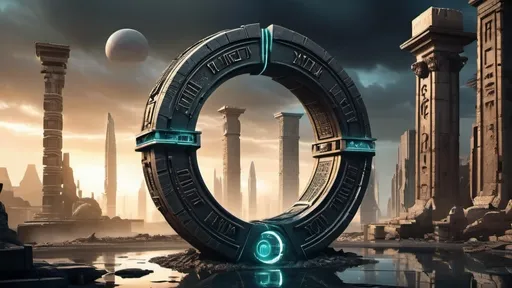 Prompt: magical portal between cities realms worlds kingdoms, circular portal, ring standing on edge, upright ring, freestanding ring, hieroglyphs on ring, complete ring, ancient roman architecture, ruins of atlantis city plaza setting, side view, futuristic cyberpunk tech-noir setting