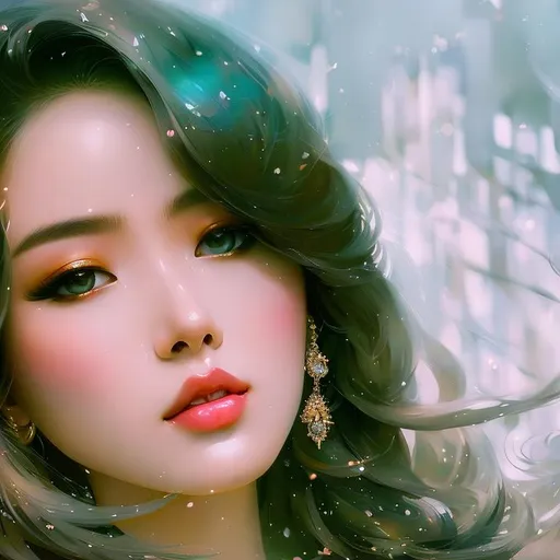 Prompt: hyper detailed painting by sakimichan style and wlop style,  Insanely detailed full body beautiful hair goddess wearing white dress, intricate face, sharp nose beautiful long hair, rule of third of beutiful landscape ultra HD 4k 10 bit depth, a mole on lower lip u shaped extending to chin, cute, pretty, 