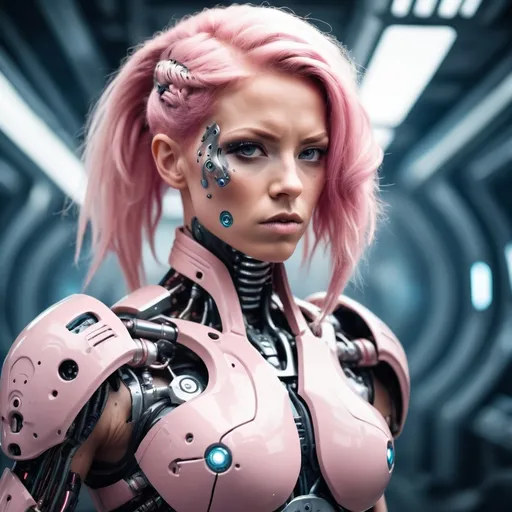 Prompt: Gorgeous ultra-muscular 25-year-old pink haired Finnish goddess cyborg in battle against aliens. Science fiction futuristic background. 