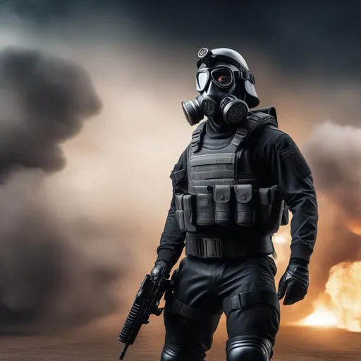 Prompt: A modern military male general in black military armor, with a pistol and gas mask, Highly Detailed, Hyperrealistic, sharp focus, Professional, UHD, HDR, 8K, Render, electronic, dramatic, vivid, pressure, stress, nervous vibe, loud, tension, traumatic, dark, cataclysmic, violent, fighting, Epic, 


