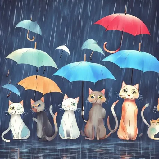 Prompt: cats with umbrellas in the rain