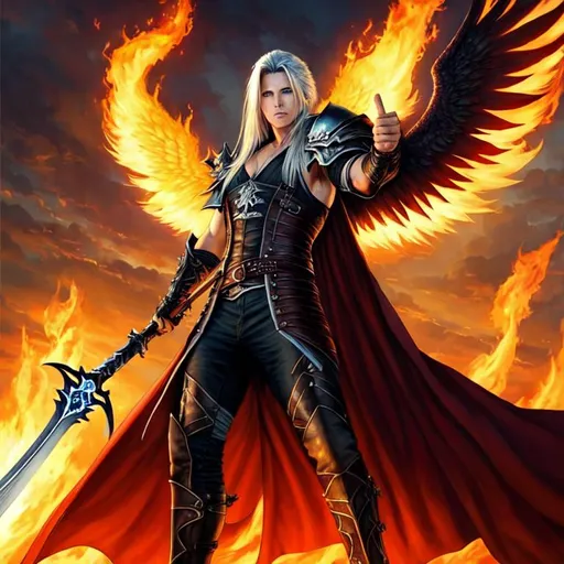 Prompt: Poster art, high-quality high-detail highly-detailed breathtaking hero ((by Aleksi Briclot and Stanley Artgerm Lau)) - ((Sephiroth looking  back through fire and giving the middle finger )), male, full body of male Sephiroth,highly detailed face, middle finger, flames, black cloak, male,  UHD, 64k, full form, highly detailed full body, highly detailed black clothing. Fire all around, with his back turned looking back, detailed skin, detailed face,full form, detailed forest wilderness setting, male, epic, 8k HD, ice, fire, luminescence , sharp focus, ultra realistic clarity. Hyper realistic, Detailed face, portrait, realistic, close to perfection, more black in the armour, full body, high quality cell shaded illustration, ((full body)), dynamic pose, perfect anatomy, centered, freedom, soul, white long hsir, approach to perfection, cell shading, 8k , cinematic dramatic atmosphere, watercolor painting, global illumination, detailed and intricate environment, artstation, concept art, fluid and sharp focus, volumetric lighting, cinematic lighting, 
