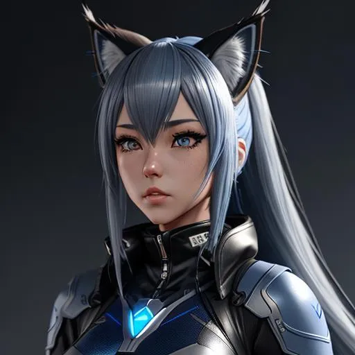 Prompt: An anime girl, (lynx ears )that are (grey),blue latex outfit,long ({dark blue} hair)(midnight blue hair)(fringeless), feeling apathy, concept art, high resolution scan, hd octane render, intricate detailed, highly detailed face, unreal engine, trending on artstation, UHD, 8k, Very detailed,standing on top of a high building, sad, loneliness, full body pose, she has long ({dark blue} hair)(midnight blue hair)(fringeless), pale skin, ([grey eyes] with cat-like iris), (lynx ears )that are (grey), and blue latex outfit, intricate facial detail, intricate eye detail, intricate details,  hyperrealistic full body pose, hyperrealistic ethereal, dark blue and long hair, white lynx ears, sharp jaw, hyperrealistic golden cat eyes , hyperrealistic human nose, hyperrealistic lips, ethereal, divine, hyperrealistic face, hyperrealistic pale skin, intricate eye detail, pale skin, (dark blue latex outfit), fringeless, (forehead showing), highly detailed concept art,  , hd octane, intricate quality, HD, trending on artstation, fringeless, forehead showing ,highly detailed concept art, high resolution scan, hd octane render, intricate detailed, highly detailed face, unreal engine, trending on artstation, UHD, 8k, Very detailed