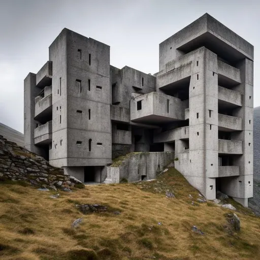 Prompt: several small castles on the side of a Mountain, brutalist architecture 