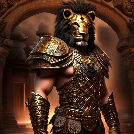 Prompt: barbarian, African Tribal Armor, Mask, a fusion between a man and a lion, in temple background, cybernetic eye