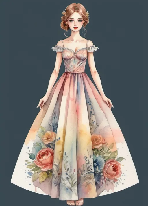 Prompt: young girl, long beautiful dress, a lot of details, high quality, standing straight, arms to the sides, paper doll, watercolor,