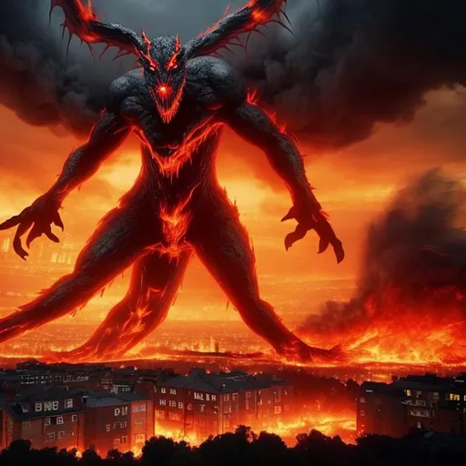 Prompt: Giant black demon, 200 meters tall destroying a city, fire, destruction