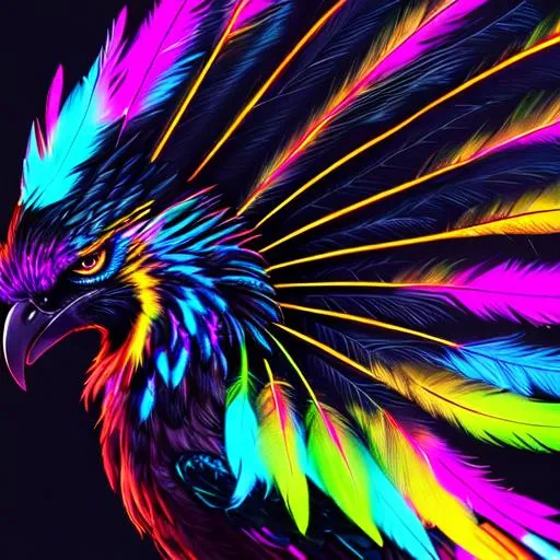 Prompt: Portrait of a screeching feathered neon zombified phoenix, glowing iridescent black feathers, black background, perfect composition, super detailed, high quality, trending art, trending on artstation, sharp focus, studio photo, intricate details, highly detailed, Trending on Artstation, Popular on Dribbble