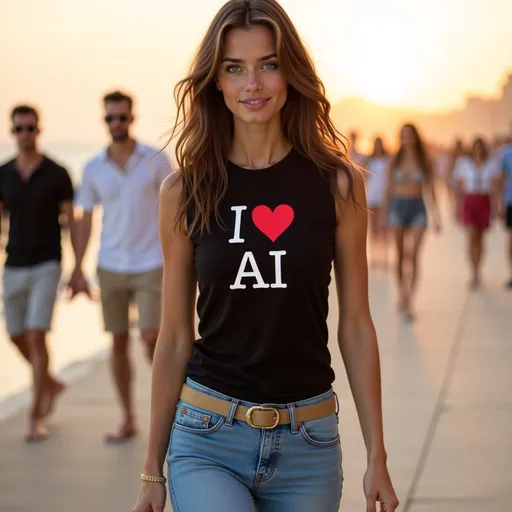 Prompt: @A7VYmrZm1LrCgjkeWY6A is walking forward wearing a solid ladies sleeveless black t-shirt with "I ❤ AI" written in white block letters in a serif font, the ❤ is colored red, the "I ❤" is above the "AI" on the front tucked into light blue jeans with a thin gold web belt, gold strappy sandals. She is on the board walk of a busy beach just before sunset, smiling. There are pedestrians milling about around her. Photorealistic.