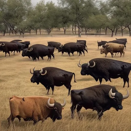 Prompt: Hybrid buffalo combined with cattle. Realistic. And amazing.