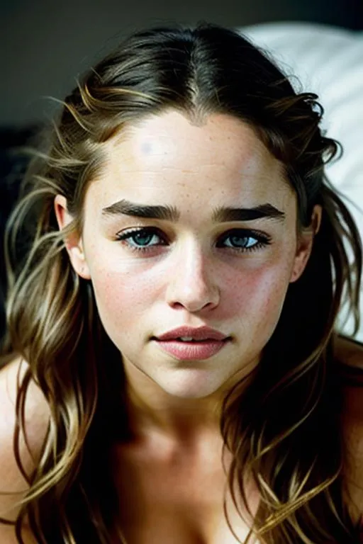 Prompt: Please produce photography of a beautiful girl, looks Emilia Clarke Hewitt at 18 with pretty eyes lying a on bed in seductive poses in a professional photoshoot and messy hair, symmetrical face, Bright eyes with highlights . professional lighting, highly detailed in the photography style of Petter Hegre art by greg rutkowski slightly open sensual mouth professionally retouched