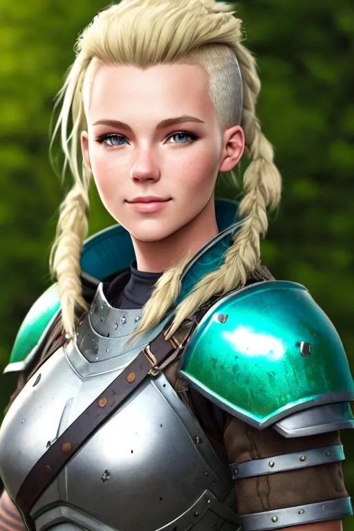 Prompt: Digital art, 18-year-old woman viking, 10th century gear, dirty blonde hair thick and unkept shaved into a mohawk, subtle smile, green gear, blue armor, grey eyes, unreal engine 8k octane, 3d lighting, full body, full armor