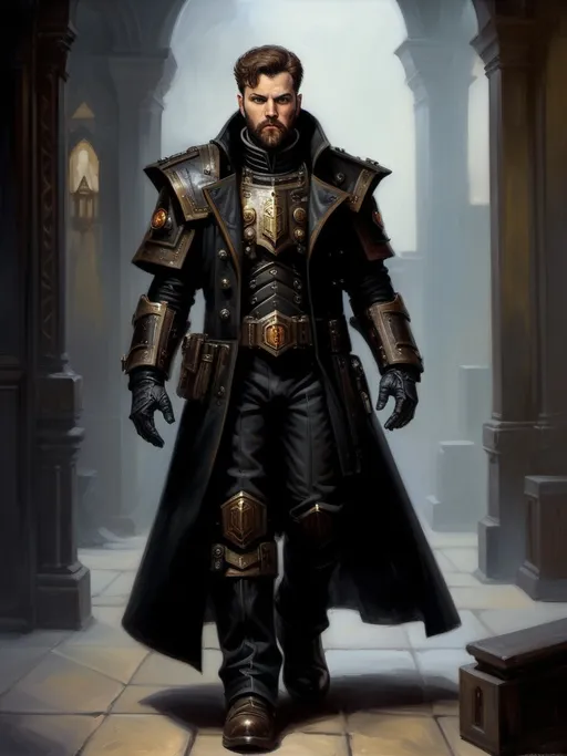 Prompt: full-body oil painting of male warhammer 40k psyker, short brown thick hair and full beard, worry lines, dark tones, (warhammer 40k psyker), black duster overcoat trench-coat, dark black gunmetal armor and clothes color, gunmetal hi-tech epaulets and bracers, hi-tech psyker breastplate chest plate, confident epic standing pose, (highly detailed piercing brown eyes), highly detialed facial features, utility pouches attached to belt, high gothic fantasy, imperium of man, 19th century impressionism brushwork, under-lit up-lit face, black gloves, painterly, black heavy-sole boots, black riding pants, (soft highlights), black gaiters, (psyker), wh40k highly detailed hands, painted, art, illustrated, painterly, painted, art, illustrated 