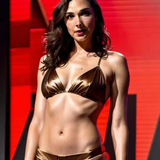 Prompt: gorgeous Gal gadot in a brown bikini and sweating, full body of gal gadot, sharp details, realistic , 4k