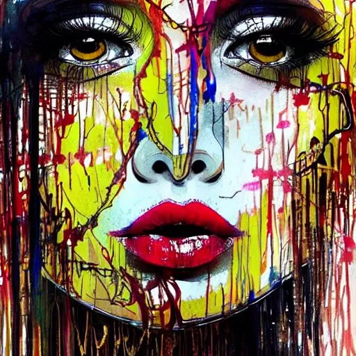 Prompt:  stunning abstract portrait of a Thai girl by carne Griffiths, smooth porcelain skin, intricate black hair, aquiline face, delicate features, red lips, detailed lips, detailed eyes, golden ratio, black background, oil pastel painting, ink details, azure tones, dark vibe, detailed illustrations, brush smudges, spilled color