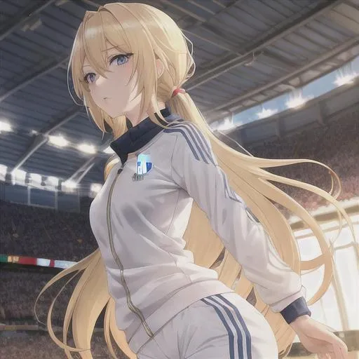 Prompt: anime girl, tied up hair, anime style, hyperdetailed, high quality, perfect shading, realistic lighting, golden ratio, perfect composition, blonde hair, white tracksuit real madrid , upscaled, blue eyes , adidas, real madrid, fotball ball, football stadium, asuna 