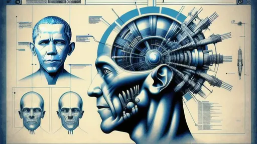 Prompt: technical drawing blueprint Futurism art style infographics exploded view of  biomechanical head of barack Obama  by hr giger combined with Zdzislaw Beksinski and Ed Binkley, retro, infographics, marginalia, detailed exploded view, 1950's popular mechanics poster, retrofuturistic
