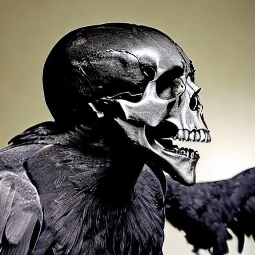 Prompt: transmutation of a human skull into ravens