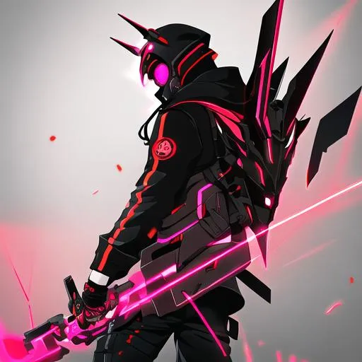 Prompt: Male character, black but red neon gas mask, cyber netrunner hood (black but neon red), neon red Sword In its Back, Red Mecha Cyber Jacket, black jeans, red shoes