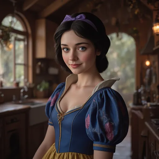Prompt: A full-length portrait of Snow White standing inside the kitchen of the Dwarves' forest cottage, styled with the delicate, hyper-realistic painterly look of a Renaissance-inspired fairytale painting. She has striking, wide cerulean blue eyes, a porcelain complexion that practically glows, highlighting her rosy cheeks, and dark hair tied back with soft purple ribbons. Her expression is a shy smiling with a touch of seductive innocence. Her dress highlights her cleavage and is a modern fairytale reinterpretation: flowing, rustic yet elegant, in deep indigo and muted gold tones with subtle embroidery. The scene is set at twilight in a lush, enchanted forest cottage, with the warm glow of lantern light filling the cozy wooden cottage.  Style is hyper-detailed, cinematic, with soft lighting and magical realism. --v 5 --style painterly --lighting soft twilight --mood enchanted --focus full-body --environment forest cottage --texture realistic fabric and hair