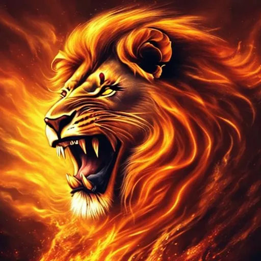 Prompt: A ferocious lion roaring fiercely, with a fiery background symbolizing strength and power.