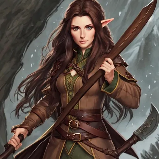 Prompt: Realistic very fair female elf with long darkbrown hair, who is holding a axe and is wearing a long coat,  dnd character portrait