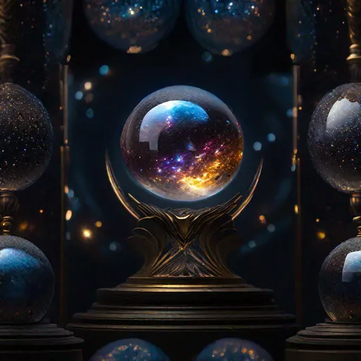 Prompt: "A beautiful miniature galaxy trapped inside a glass orb - 8k resolution concept art hyperdetailed Unreal Engine hyperrealism resin cast Middle-Earth beautiful mysterious photorealistic hyperdetailed intricate geometric flickering light entangled Symmetry"