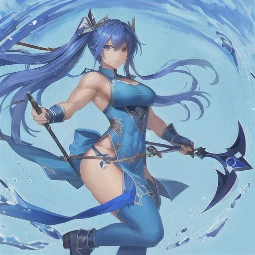 Prompt: a semi muscular goddess of blue holding a sickle sad and depressed but ready to defend  