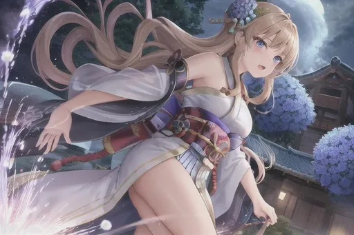 Prompt: young female samurai, long brown-blond braided hair, ocean blue eyes, wearing a blue kimono, blue hydrangea hair ornament, a village on fire in the background, crying, deathbed