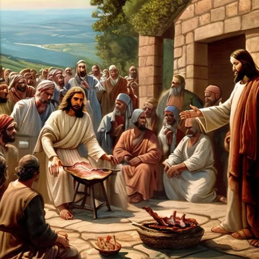 Prompt: Jesus cooking bacon at the sermon on the mount 