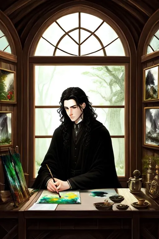 Prompt: pale, Wizard young man, looking sad, black coloured overgrown hair, dark green eyes, fantasy, making a painting, painter, in a cozy cottage