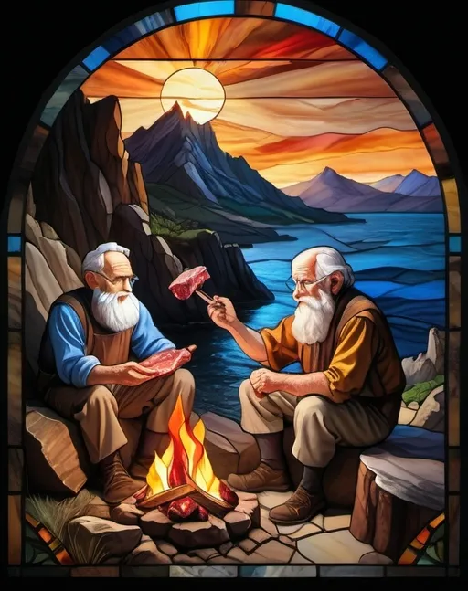 Prompt: Biblical old man holding a slab of meat while sitting at a campfire on the edge of a cliff with three Jewish bearded middle-aged men, high quality.  In the distant background, a huge ark boat sitting on top of the mountain peak emerging out of water.