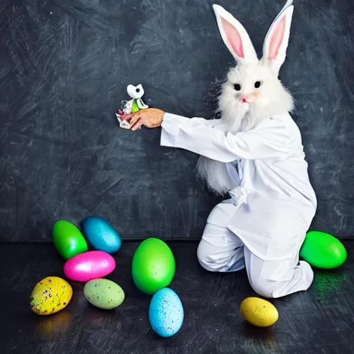 Prompt: A mad scientist holding an Easter bunny by the ears 