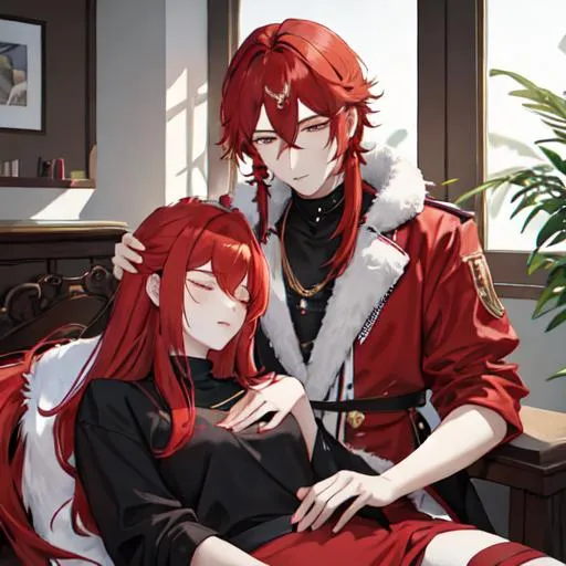 Prompt: Zerif 1male (Red side-swept hair covering his right eye) watching over Haley while she's asleep in his lap, casual wear