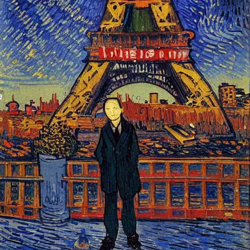 Prompt: A Japanese spy, in Paris at night, with the Eiffel Tower in background lit up, painting, soft lighting, Van Gogh, Goth