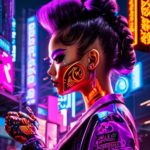 Prompt: super fine detail, hyper-realistic, 8k Ultra-realistic, ultra high definition, Ultra realistic, natural lighting, cinematic lighting, cinematic shadows, high quality, fine-tuned, realistic, ultra-high resolution, composition, upscale image, face paint, skull face paint, blacklight paint, neon, cyberpunk, neon city cuber punk background, cyberpunk geisha.