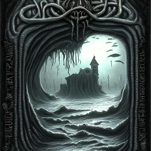 Prompt: lovecraft atmosphere, new school, innsmouth, abyss, crown, ocean, frame

