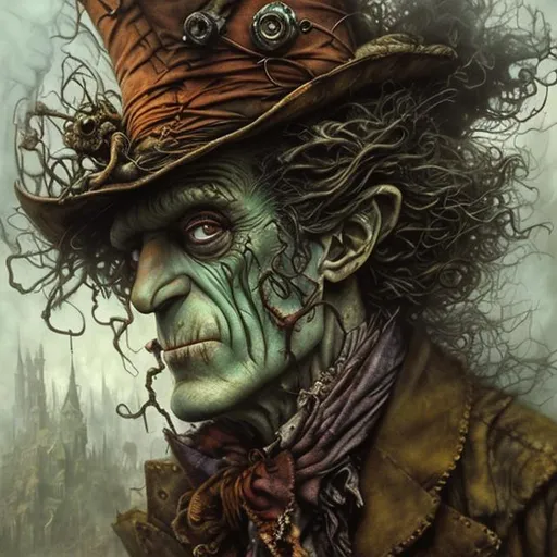 Prompt: Twisted Disney, horror, Cigar and smoke, Frankenstein Mad hatter, post-apocalyptic, colorful, hyperdetailed, dystopian, elemental, ethereal, whimsical, photorealistic, Alyssa Monks, Brian Froud, Arthur Rackham