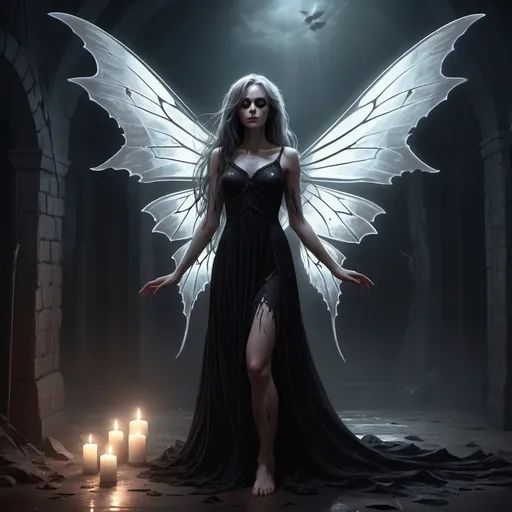 Prompt: Full body, Fantasy illustration of banshee, beautiful, wearing threadbare black dress, moth wings, grieving expression, high quality, rpg-fantasy, dark and eerie lighting, detailed character design, atmospheric, spooky ambiance