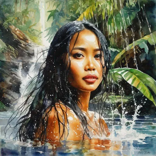 Prompt: watercolor, pretty Indonesian woman, 25 year old, (round face, high cheekbones, almond-shaped brown eyes, epicanthic fold, long black hair, small delicate nose), emerging from water, head and shoulders, water splashing, (scenery natural pool, tropical Indonesian rain forest, waterfall), masterpiece, intricate detail, 