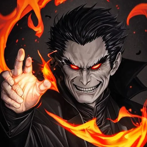 Prompt: Perfect man wearing black long black coat has fire in hand shooting towards camera and has a evil smile on his face
Evil smile in fire
Godlike background
Devil eyes but realistically drawn