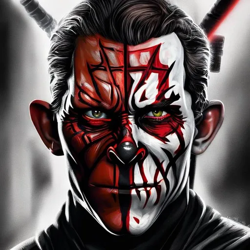 Prompt: tom holland, detailed face, HR Geiger art style, darth maul facepaint, monochrome
